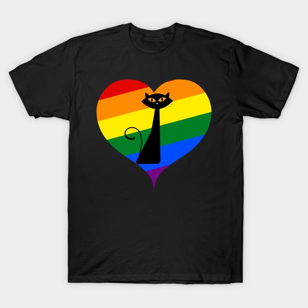 Black Cat LGBT Love Is Love Heart Support Pride Month T-Shirt by Karin Wright